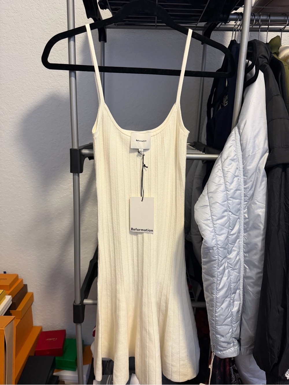 Reformation Cream Ribbed Scoop-Neck Knit Dress